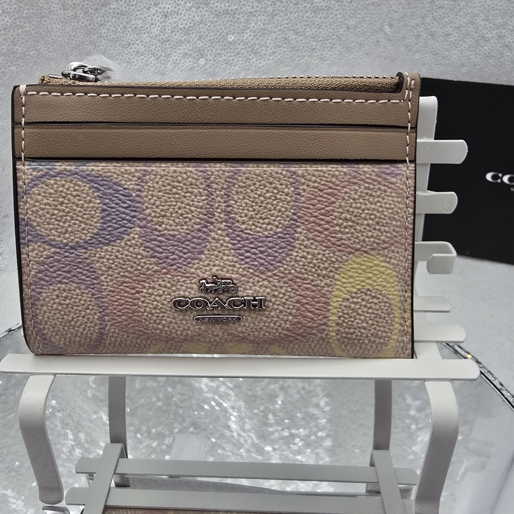 Coach Mini Skinny ID Credit Card Case Pastel Rainbow Signature Canvas Key Ring